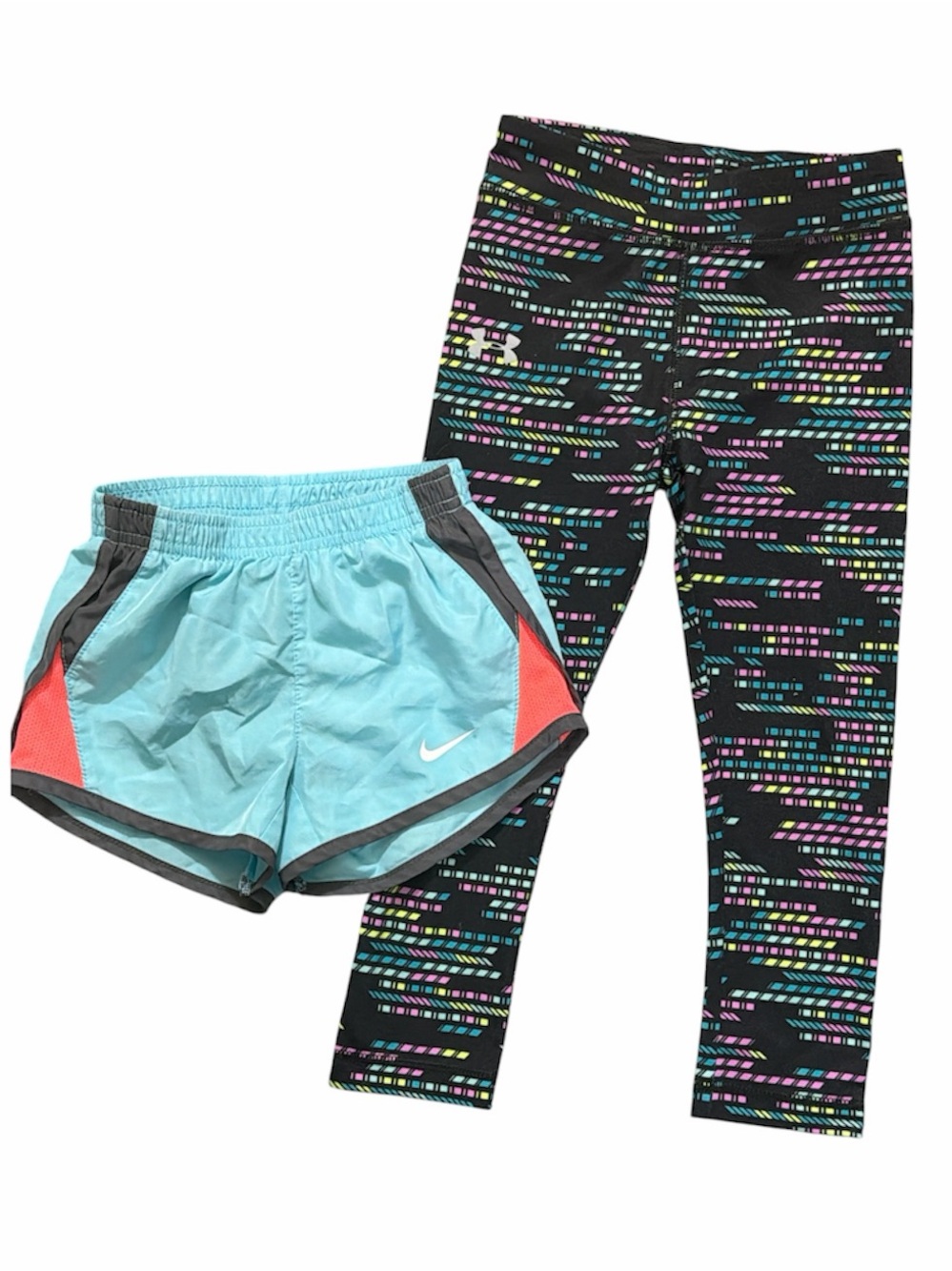 Euc Nike Blue Athletic Shorts & under armour Patterned Leggings 3T